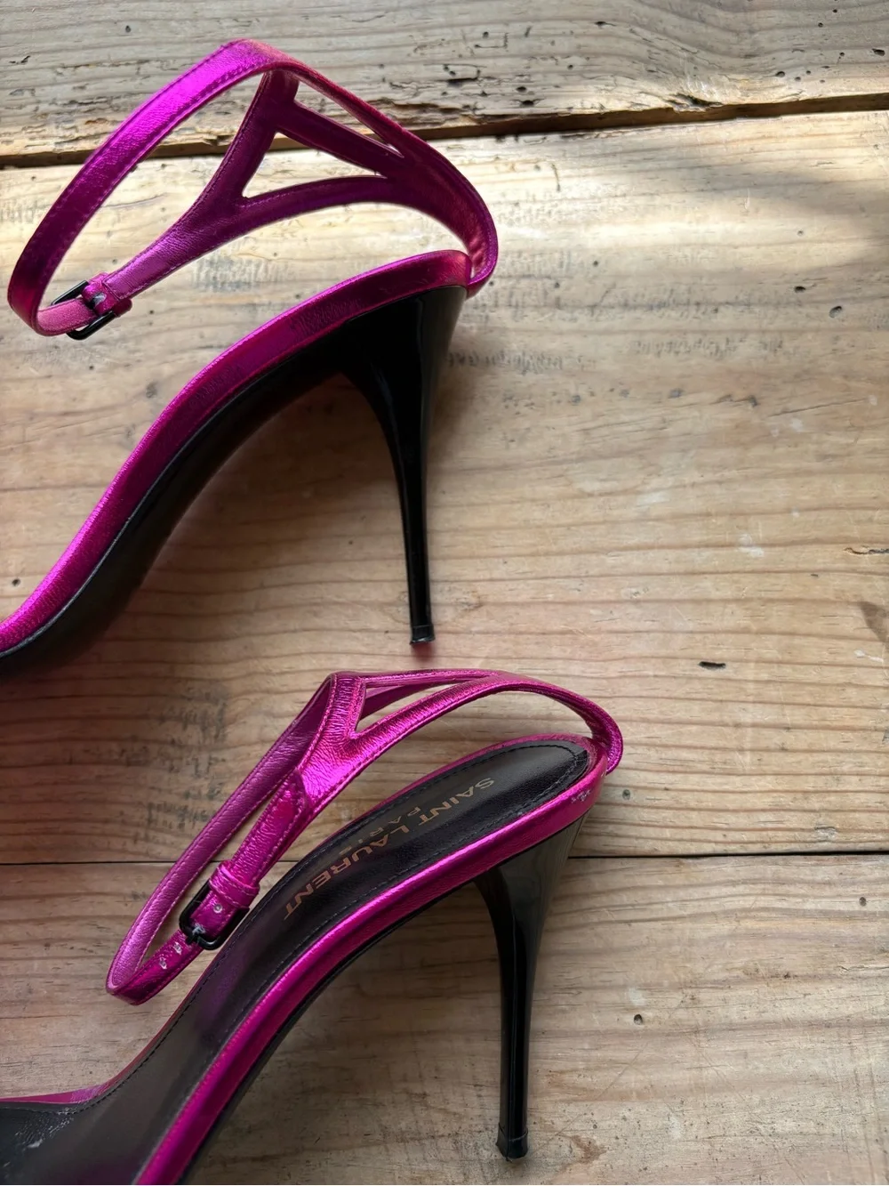 Saint Laurent Metallic Fuchsia Ankle-Strap Stiletto Sandals - Picture 8 of 13